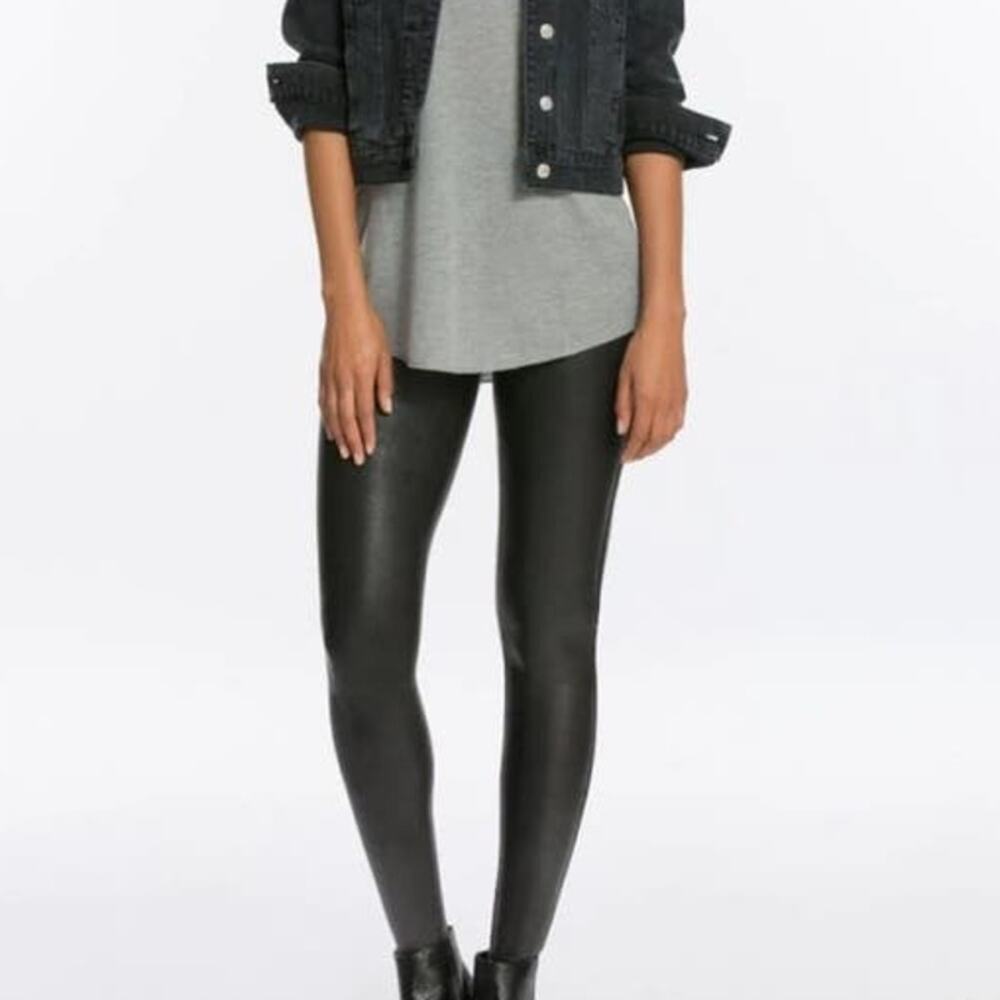 SPANX Faux Leather Leggings Black Petite S Pull-On Shaping Coated Leggings